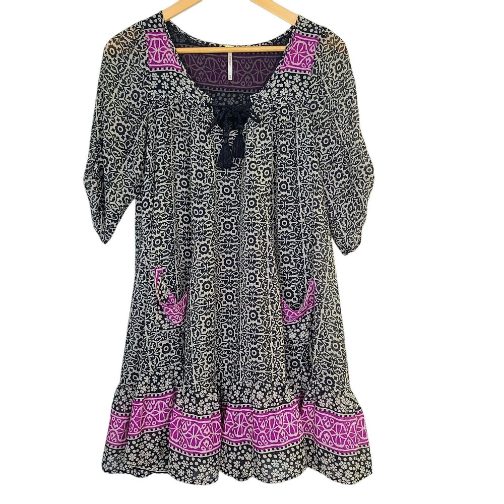 Free People Penny‎ Lane Dress XS Black Purple Tiered Full A-Line Boho Mini